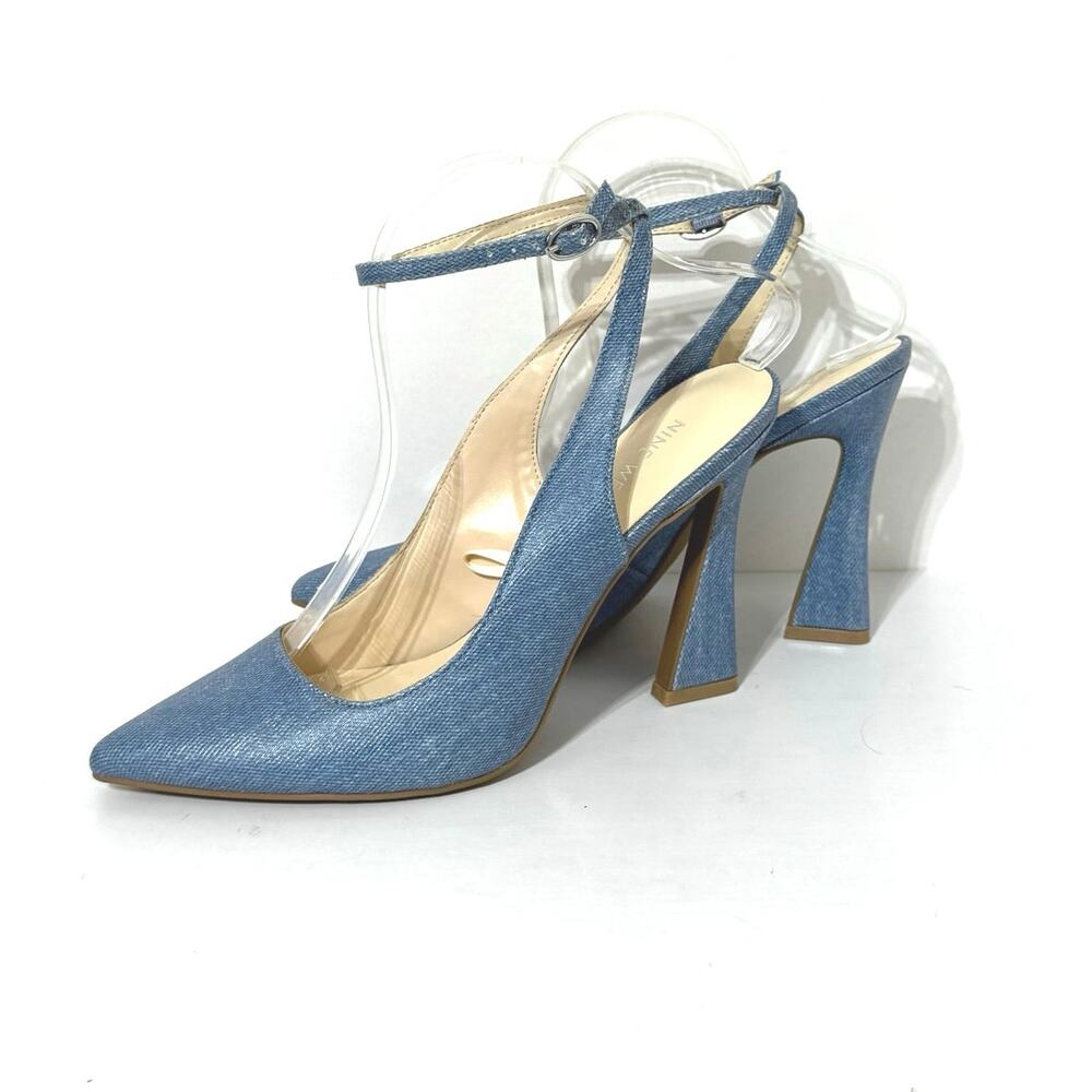 Nine West Women’s Ankle Strap Spool Heel Pointed Toe Chambray Blue Heels Size 9 - Picture 2 of 11